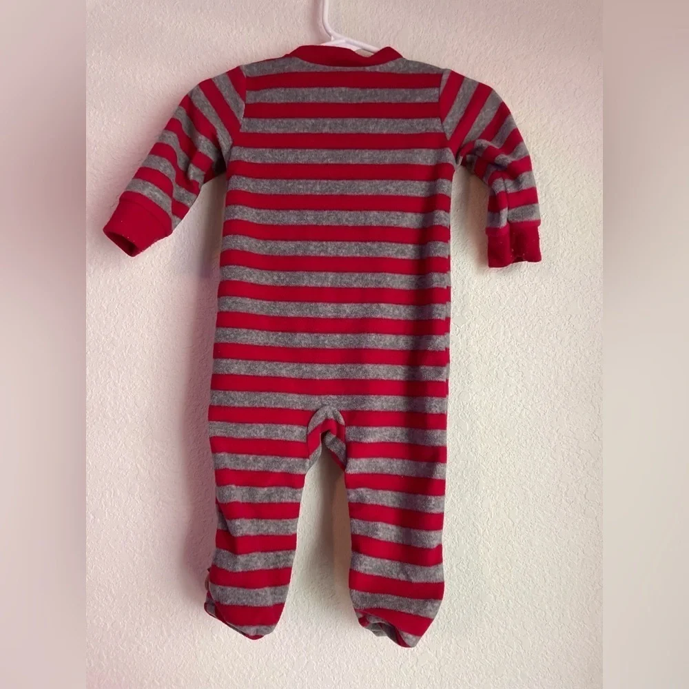 Carter's Fleece Warm and Cozy Red and Gray Striped Footie with Moose size 3/6M